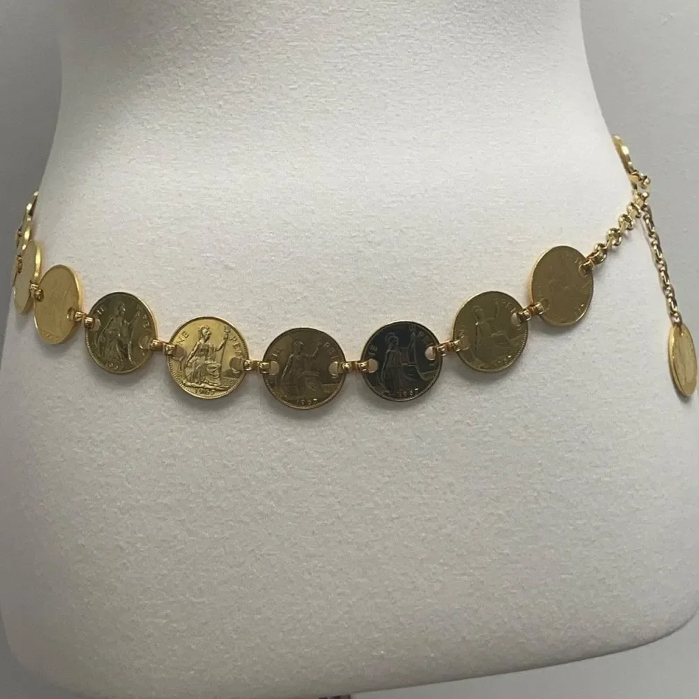 Vintage Queen Elizabeth II One Pense Coin Belt. Chain Coins belt Gold tone UK